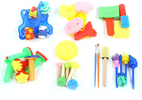 Hztyyier Ensemble de Tampons éponge d'art pour Enfants de 30 Pièces, Outils de Peinture avec Pinceaux en Mousse pour l'éducation Précoce, 2 à 6 Ans, Développement Créatif et motricité Fine