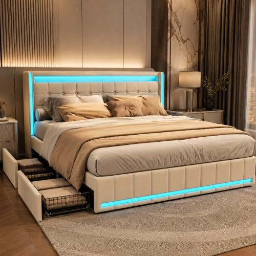 WOBOPCG Polsterbett Doppelbett 180x200,Stauraumbett mit Lattenrosten 4 Schubladen Bett mit Lattenrost mit Aufladen USB und Licht Stauraumbetten Bettgestell (Beige Leinen（USB）, 180x200)
