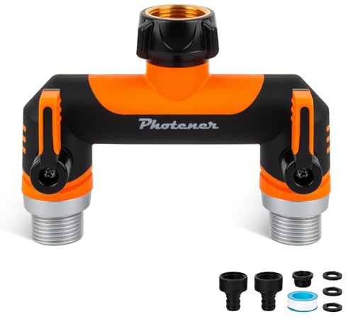 Photener Wasserverteiler 2 Wege 3/4 Zoll mit 44mm Langen Hebeln 7,3cm Abstand für Bewässerungsuhr Verteiler 2fach Messingkern Gummiert für Gartenbewässerung Gartenschlauch