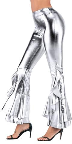 DFEK Metallic Hose Damen Glitzer Schlaghose Paillettenhose Lang Silber 70er Elastische Pailletten Tanzhose mit Rüschen Weite Plissee Glockenhose für Karneval und Festliche Anlässe (Silber,M)