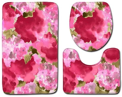 Badezimmerteppich Set 3-teilig Graffiti-Blumen Badgarnitur Mikrofaser Rosa rutschfest U-förmiger Duschvorleger schnell trocknend WC-Set