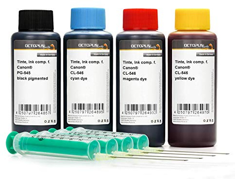 Nachfülltinten Set für Canon PG-545 und CL-546, 4x100ml | Mehrfarbiges Nachfüllset für leere Patronen und Tanks, abgestimmte Tinten für Dokumente, Grafiken und Fotos