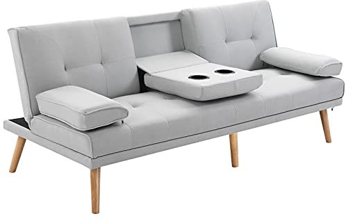 HOMCOM Divano Letto 3 Posti Stile Scandinavo Reclinabile con 2 Braccioli Rimovibili in Tessuto, Gambe in Legno e Tavolino a Ribalta Grigio