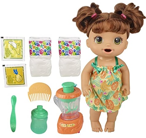 Baby Alive Magical Mixer Baby Doll Tropical Age 3+ Treat with Blender Accessories, Drinks, Wets, Eats, Brown Hair Toy for Children Aged 3 and Up