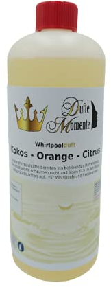 Dufte Momente | Whirlpool Duft 1 Liter | Kokos - Orange - Citrus | mit naturreinen und natürlichen ätherischen Ölen | kein Schaum | vegan und ohne Tierversuche