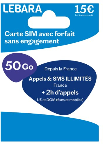 Lebara SIM, unbegrenzte Anrufe und SMS Frankreich + 50 GB in 5G + 2 Stunden in 43 Ländern, sofort einsatzbereit