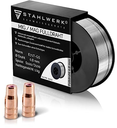 STAHLWERK Fülldraht Schweißzubehör-Set 1 x FLUX Drahtrolle Stahl 1kg 0,8mm + 2 x Fülldrahtdüse für MIG MAG 15-AK MB-15 Schweißbrenner