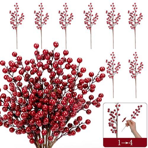 MACTING Adornos de tallo de bayas de acebo rojo de Navidad, 8 ramas grandes/32 ramas artificiales, tallos de bayas extraíbles de 17 pulgadas, decoración del hogar para corona de árbol de Navidad