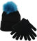 Atania Damen Bommelmütze und Touchscreen-Handschuhe Set, Schwarz / Türkis, Einheitsgröße