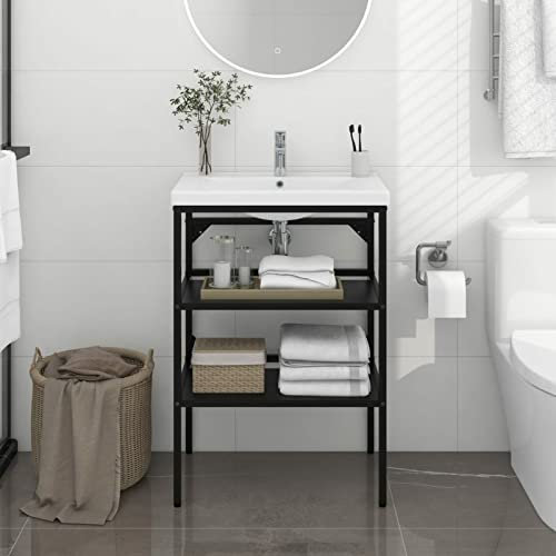 Gecheer Badezimmer Waschtischgestell Waschbeckenunterschrank Unterschrank Waschtisch Badmöbel Eisen Schwarz 59x38x83 cm