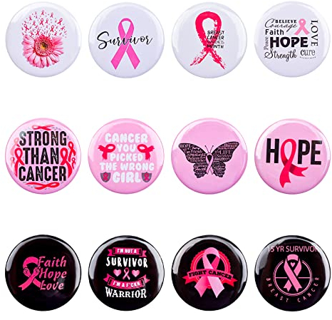 WANDIC Octobre Rose Lot de 12 broches à ruban rose pour la sensibilisation au cancer du sein - Rose, blanc, noir - Pour femme