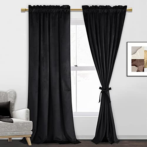 JIUZHEN Schwarze Samtvorhänge – Thermoisolierte Fenstervorhänge für Schlafzimmer-Hintergrund, energieeffiziente Paneele, Vorhänge für Wohnzimmer, Schiebetür, 152 x 244 cm, 2 Paneele mit Raffhaltern