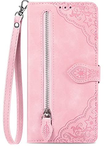 NEXCURIO Custodia a Libro Cover Portafoglio per Apple iPhone 7 / iPhone 8 / iPhone SE 2020 2022 Flip Case in Pelle Fiori Donna con Tasca Zip Porta Carte Laccio Supporto Antiurto - Rosa