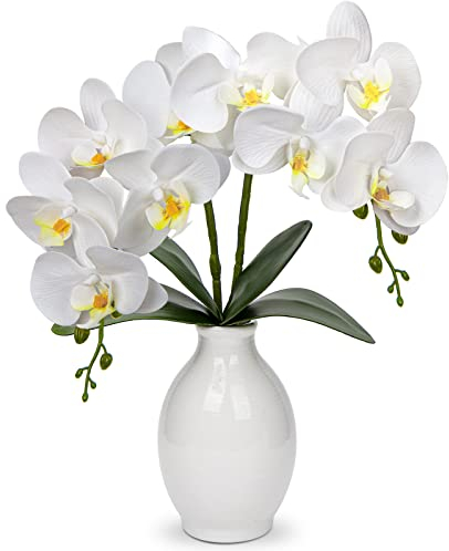 Orquídeas Artificiales Grandes de 40 cm en Jarrón de Cerámica - Flores Blancas de Tacto Real para Decoración - Plantas Falsas