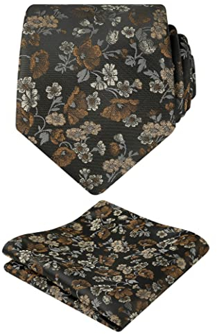 Alizeal Herren-Krawatte mit Blumenmuster, mit Einstecktuch, stilvoll, einzigartig, für Business, Hochzeit, Party, 109 - Schwarz + Braun, Einheitsgröße