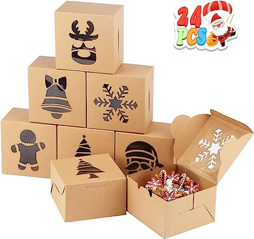 Fayavoo 24 Pcs Weihnachten Keksboxen Geschenkboxen mit Fenster, Kleine Keksschachtel Weihnachten Bäckerei Cupcake Boxen Kraftpapier Plätzchentüten für Macarons, Süßigkeiten, Donuts
