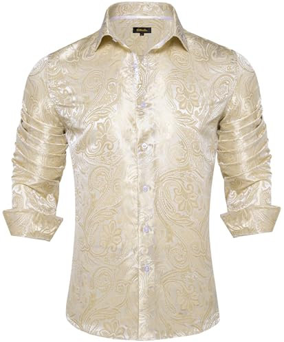 DiBanGu Paisley Mens Dress Shirts Long Sleeve Button Down Casual Silk Shirt for Men Wedding Party S-3XL, Champagne Paisley, XL