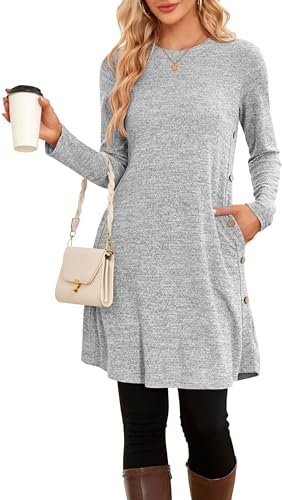 NARRAME Winter-Pullover-Kleider für Damen, Midi-Langarm, kausale Knöpfe, seitliches Tunika-Kleid mit Taschen, mittelhellgrau