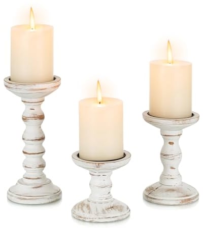 Candeldo Kerzenständer Holz Vintage Deko: 3 Stück Kerzenhalter Stumpenkerzen Wohnzimmer Tischdeko Groß Kerzenständer Dekoration Esstisch Weihnachten (braun + weiß)
