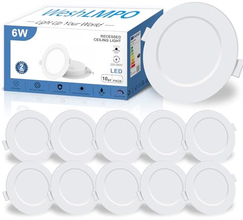 WeshLMPO LED Einbaustrahler 230V Flach 10er Set, 6W Deckenstrahler LED Spots, IP44 Deckenspots Led Einbauleuchten 600 Lumen Warmweiß 3000K, für Schlafzimmer Badezimmer Wohnzimmer Küche