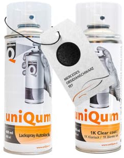 uniQum Spraydose Autolack + Klarlack für MERCEDES OBSIDIANSCHWARZ 197 Autolack Reparatur 2x 400 ml