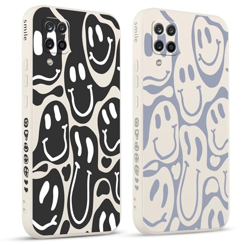 Pnakqil 2 stück Handyhülle für Samsung Galaxy A12 4G 6.5,Hülle Lustiges Verdrehtes Lächeln Face Design Grimace Bemaltes Muster süß Aesthetic Mädchen Silikon Schutzhülle Tasche Schön Kameraschutz Case