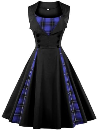 AXOE Damen 50er Jahre Kleid Rockabilly Elegant Festliche Cocktailkleid Partykleider Vintage für Hochzeit Knielang Schwarz mit Blau Tartan Muster, Gr.46, 3XL