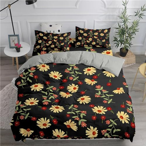 SJSXWQN Single Duvet Cover Set Black Chrysanthemum Bedding for Kids Single Duvet Cover with Zipper Closure Soft Hypoallergenic Microfiber Duvet Cover 53.1x 78.7 + 2 Pillowcases 19.7x 29.5