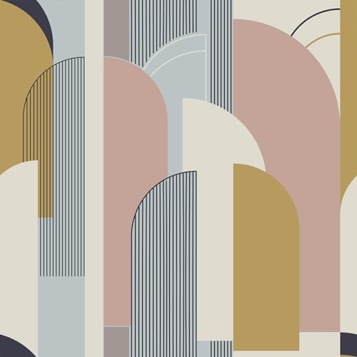 VEELIKE Papel Pintado Geometrico Arco Abstracto Rosa y Gris Papel Adhesivo Geometrico para Muebles Decoracion Habitacion Revestimiento Pared Salon Cocina Vinilos para Muebles Extraíble 44.5cm×300cm