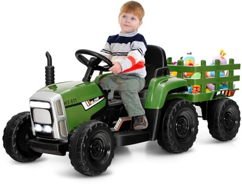 GOPLUS 12V Kinder Elektrischer Traktor mit Anhänger, 3-Gang Elektrofahrzeug mit Fernbedienung, Elektroauto mit LED-Licht & Musik & Bluetooth, 30 kg Belastbarkeit, ab 3 Jahre (Dunkelgrün)