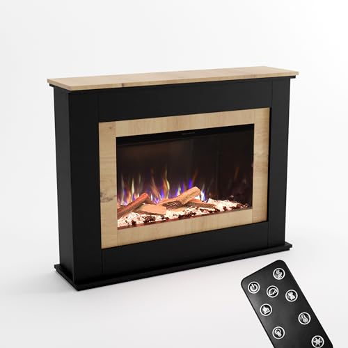 GLOW FIRE Kaminofen PR6 mit realistischem 3D E-Motion LED-Feuer - Stand-Elektrokamin mit Heizung, Kaminfeuer & Timer, max. 1500 W, 130x98,5x37,5 cm, Schwarz (Eiche)