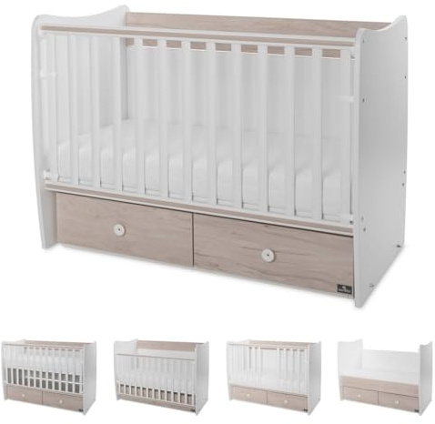 Lorelli Babybett MATRIX NEW Kinderbett 120 x 60 cm, 2 Ebenen, 2 Schubladen hellbraun weiß