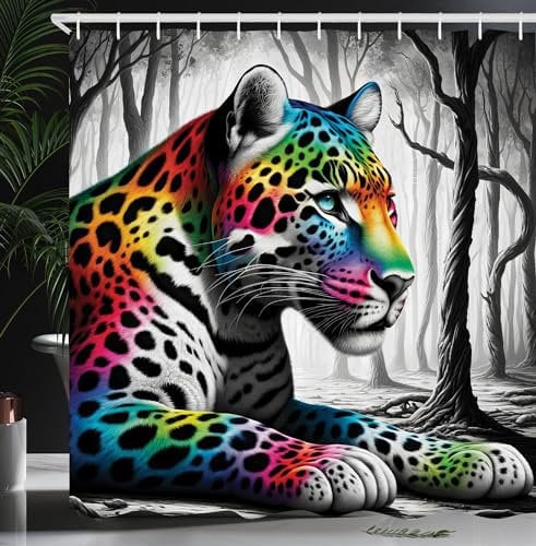 ABAKUHAUS Leopard Duschvorhang, Wildgesprenkelte Katze mit abstraktem Regenbogenpelz in Grautönen Bäume ohne Blätter, Stoffliches Gewebe mit Haken, 175 x 200 cm, Grau Mehrfarbig