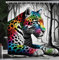 ABAKUHAUS Leopard Duschvorhang, Wildgesprenkelte Katze mit abstraktem Regenbogenpelz in Grautönen Bäume ohne Blätter, Stoffliches Gewebe mit Haken, 175 x 200 cm, Grau Mehrfarbig