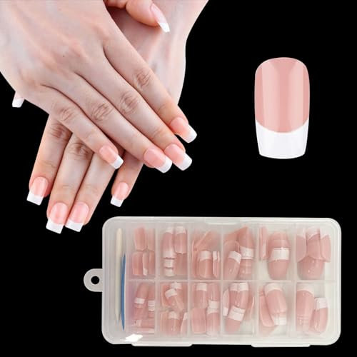ZAHRVIA Stick On Nails Short - Square French Tip False Nails, 120Pcs Soft Gel Press On Nails, Fake Nails for Women, French Girl (French-Medium Square)