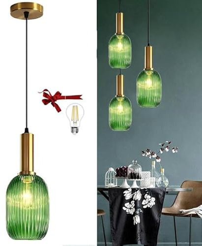 Bravsekai Lámparas Colgantes de Cristal Verde para Isla de Cocina Lámparas Colgantes Vintage para Isla de Cocina Dormitorio Salón Pasillo(4000K A60 Bombilla LED, 1-Pack)