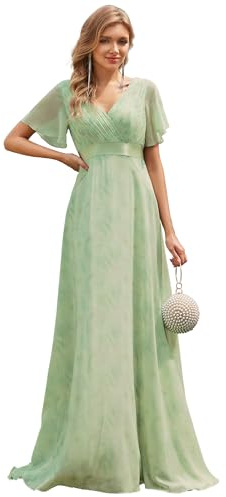 Ever-Pretty Women's Double V-Neck Short Flutter Sleeves Empire Waist Elegant Chiffon Long Evening Dresses Light Green Roses 8UK