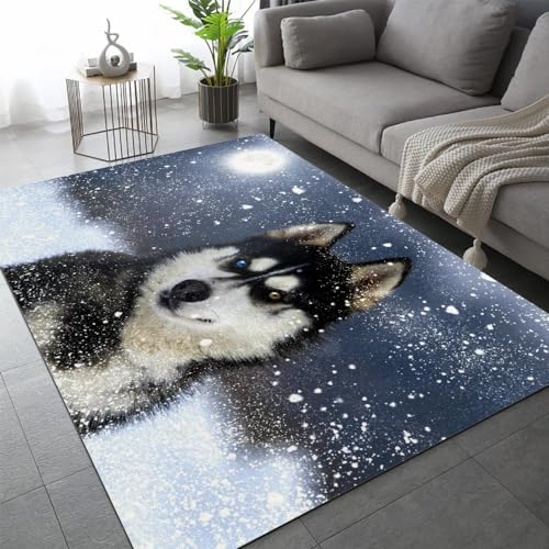 Husky-Schlittenhund Teppich Schlafzimmer rutschfeste FußMatte Hund Tier Kinderteppich Dekoration Carpets Teenager Kurzflor Flanell Teppiche Home Spielteppiche für Wohnzimmer 180x240 cm