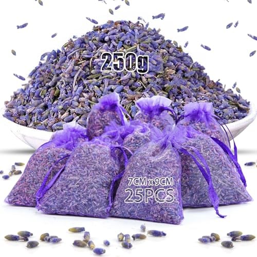 Mbsomnus Dried Lavender Flowers 250 g Dry Lavender Buds Bulk 100% Natural Lavender Dried Ultra Blue with 25pcs Empty Lavender Bags Dried Flowers for Crafts Candle Making Potpourri Wedding Cloakroom