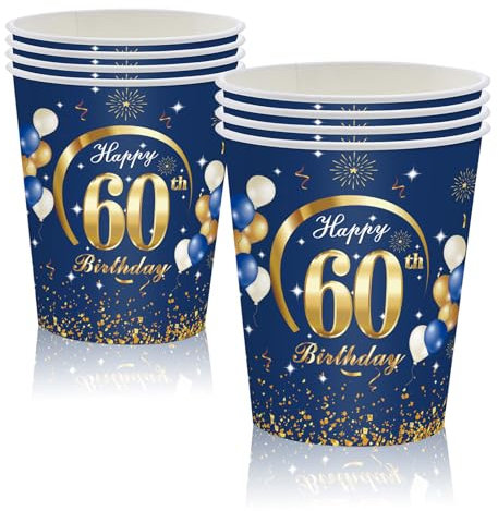 MORAINJAY Vasos de Papel Azul Marino para Fiesta de 60 Cumpleaños - 16 Tazas de 60 Onzas para Hombres, Mujeres, Ella, Él - Suministros de Fiesta