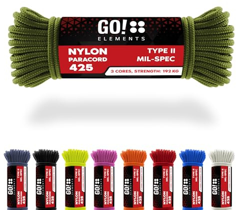 GO!elements Paracord Corda in Nylon antistrappo - 3mm Paracord 425 Tipo II Linee Come Corda da Esterno, Corda Multiuso, Corda di Sopravvivenza - Linea in Nylon Max. 192kg