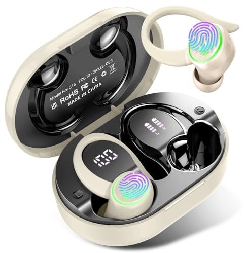 Wireless Earbuds, Bluetooth 5.4 Headphones with 4 ENC Noise Canceling Mic, 50H Playtime Stereo Wireless Earphones with LED Display, Over Ear Buds with Earhooks, IP7 Waterproof for Sport, Beige White
