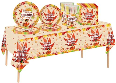 69pcs Autumn Thanksgiving Party Tableware Plastic Table Cloth,Paper Plates Napkins Serviettes and Cups Turkey Maple Leaf Dinnerware Set for Thanksgiving Party Harvest Festival Fall Table Decorations