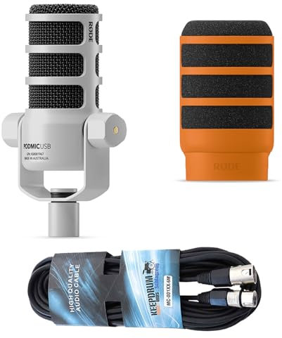 Rode Podmic Microphone dynamique USB XLR avec protection anti-pop WS14O et câble XLR Keepdrum Blanc