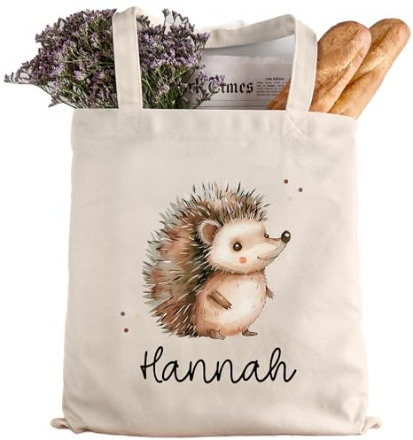 kleinebuchstaben Stofftasche Personalisiert Tasche Kinder-Beutel mit Namen Baumwolltasche Wunschname als Sporttasche, Wechselwäsche, Tragetasche - Kita, Schule & Kindergarten Geburtstag (Igel)