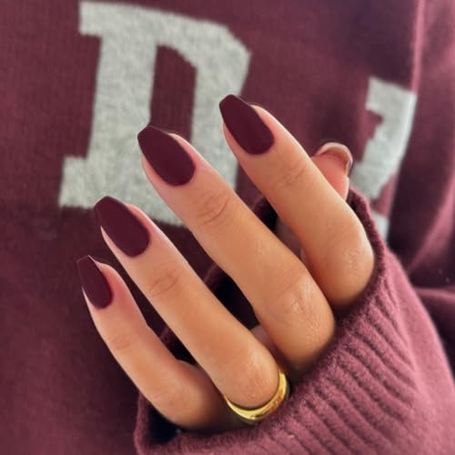 KQueenest Lot de 24 faux ongles courts en acrylique, en forme d'amande, rouge foncé, mat, ballerine, en gel gelée, cercueil, à coller, simples, pour femme