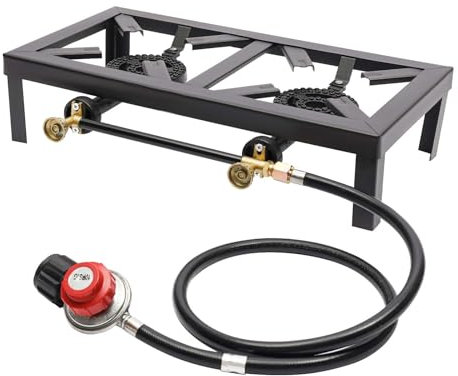 Bruciatore da campeggio, doppio bruciatore, 48 x 25 x 11,5 cm, anello di cottura a gas propano GPL portatile, per esterni, barbecue, campeggio, gas, escursionismo, fornello propano per campeggio e