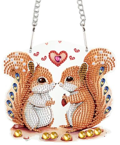 Generisch Diamond Painting Valentinstag Türkranz,Diamond Painting Valentinstag Anhänger mit Kette,Diamant Painting Fensterbilder,Liebes Wichtel Aufhängen für Fenster Wand Eingang Decor-Eichhörnchen