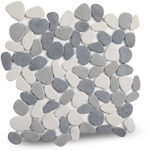 Lovdeco Pebble Tile Shower Floor, Mosaic Pebble Backsplash for Wall, Stone Tiles for Bathroom and Outdoor Garden, White and Grey, 5 Sheets