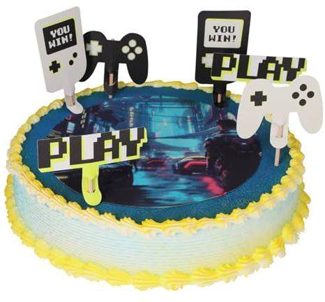 Cake Company Gamer Motivtorte | Torte Dekoration Set mit Zuckeraufleger & 6 Papp-Pickern | Perfekt für Kindergeburtstage & Gaming-Motto-Partys